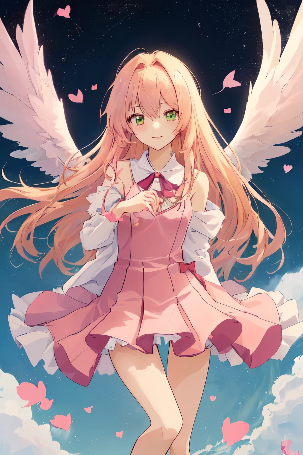 1_girl, (anime, kawai:2), (masterpeice, best_quality, clean:1.5), (sky_background:1.2), (cute, cute_smile, wholesome, young:1.8), (delicate, extremely_delicate, beautiful, thin:1.5), (girlfriend, angel:1.8), (green_eyes, simple_eyes:1.8) (long_hair, blond_hair, wearing_pink_dress, pink_angel_wings:1.5), extremely_delicate, (love_magic:1.5), (age_size_fits_body), (small_thighs:1.3), (breasts), (eye_level:1.3), (heart_magic, love:1.5), (folded_legs:1.5), (combat:1.2)