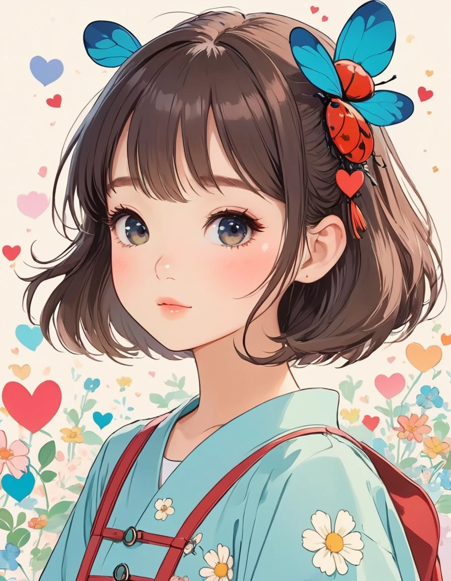 Hayao Miyazaki colorful style, Simple Line Initialism，Abstract art，Kawaii Design, The most beautiful girl of all time、chibi, Summer Fashionable Clothes, (((Cute pillbugs))), colorful hearts