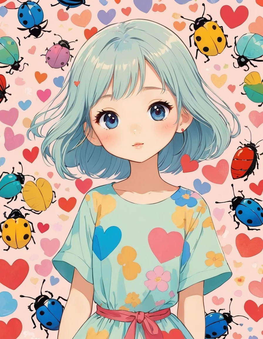 Hayao Miyazaki colorful style, Simple Line Initialism,Abstract art,Kawaii Design, The most beautiful girl of all time、chibi, Summer Fashionable Clothes, (((Cute pillbugs))), colorful hearts