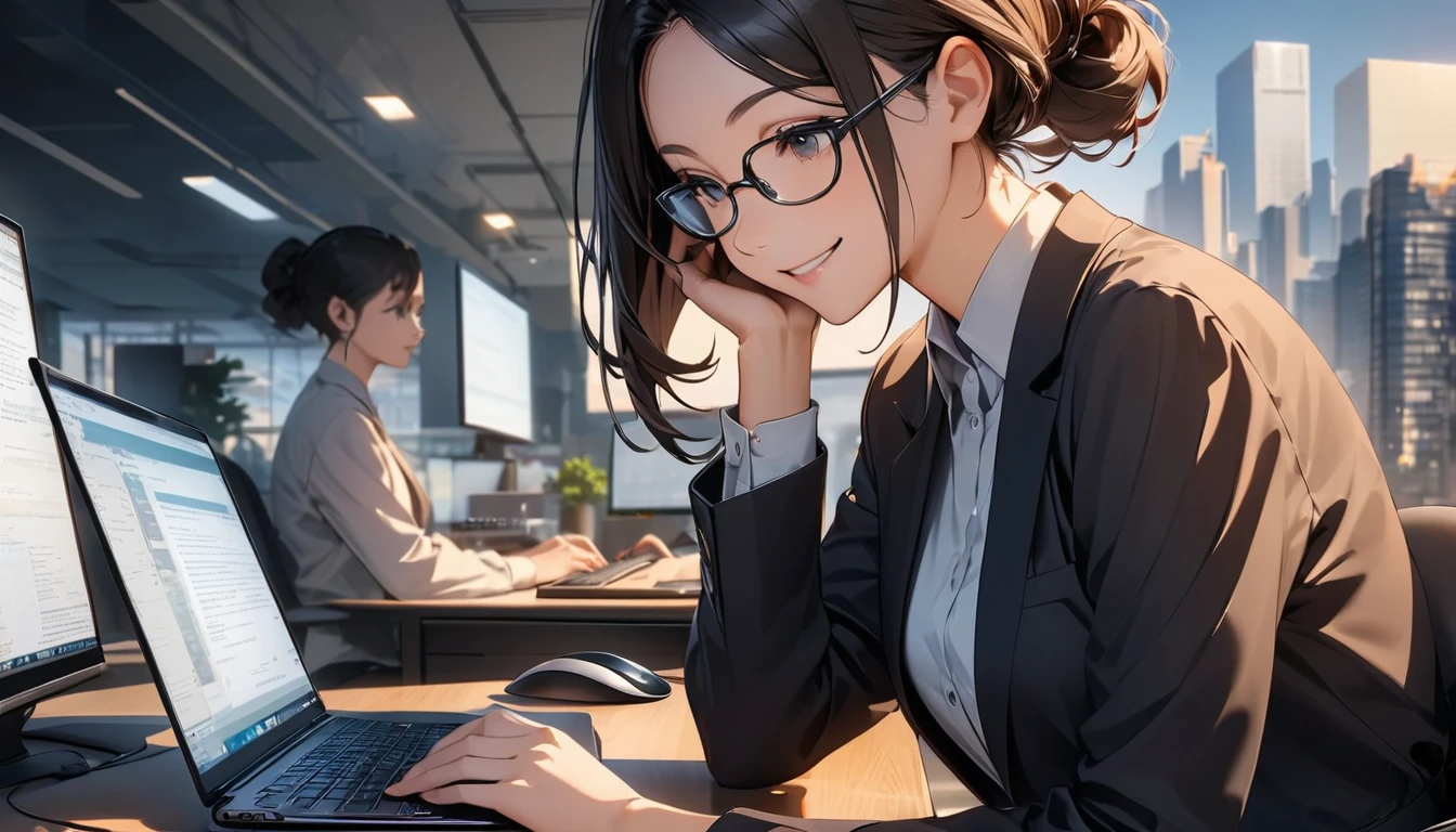 Office workers working on a computer,Portraiture,Professional,Wearing a smart suit,Stylish glasses,Typing on a sleek laptop,Use a wireless mouse,Sitting at a modern desk,Smile confidently,City skyline in the background,Soft natural light,High resolution,High resolution,Very detailed.One Woman ,alone