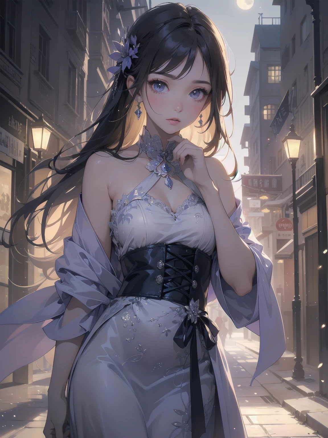 masterpiece, 8k, Highest quality, Very detailed, Purple & A beautiful girl in a blue magical robe with a moon motif、Close-up on the characters、(building, city、A dense fog of fluorescent particles、１８００Era、Western style、Fiction、grow、Overwhelming、Detailed street）、A beautiful girl with a beautiful background and a super cute pose