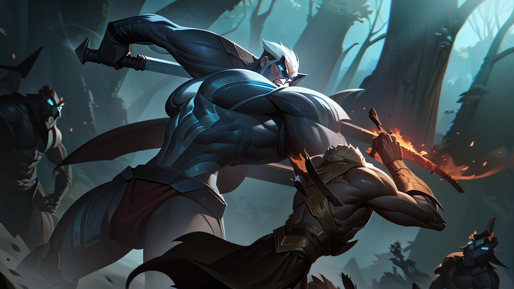 Create an image of Savages, mutant humans, hunting gigantic monsters. They must be armed with great arksteel weapons, like swords and spears. The scene must be dynamic, showing the tension and movement of combat in a natural setting, like a forest or ancient ruins.