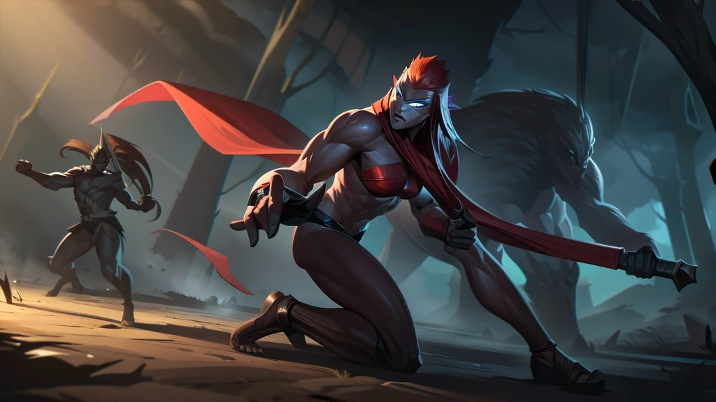 Create an image of Savages, mutant humans, hunting gigantic monsters. They must be armed with great arksteel weapons, like swords and spears. The scene must be dynamic, showing the tension and movement of combat in a natural setting, like a forest or ancient ruins.