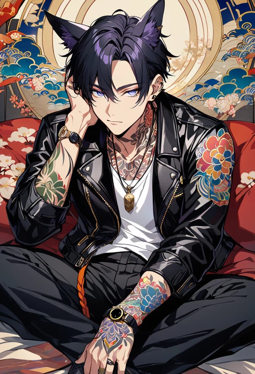 1man, short black hair, fox ears, bright blueviolet eyes, wearing a black bomber leather jacket, wearing a white undershirt, wearing black pants, wearing a vintage golden watch,wearing a ring necklace, japanese style tattoos, colorfull tattoos, tattoos all over the arms, resting head with hand