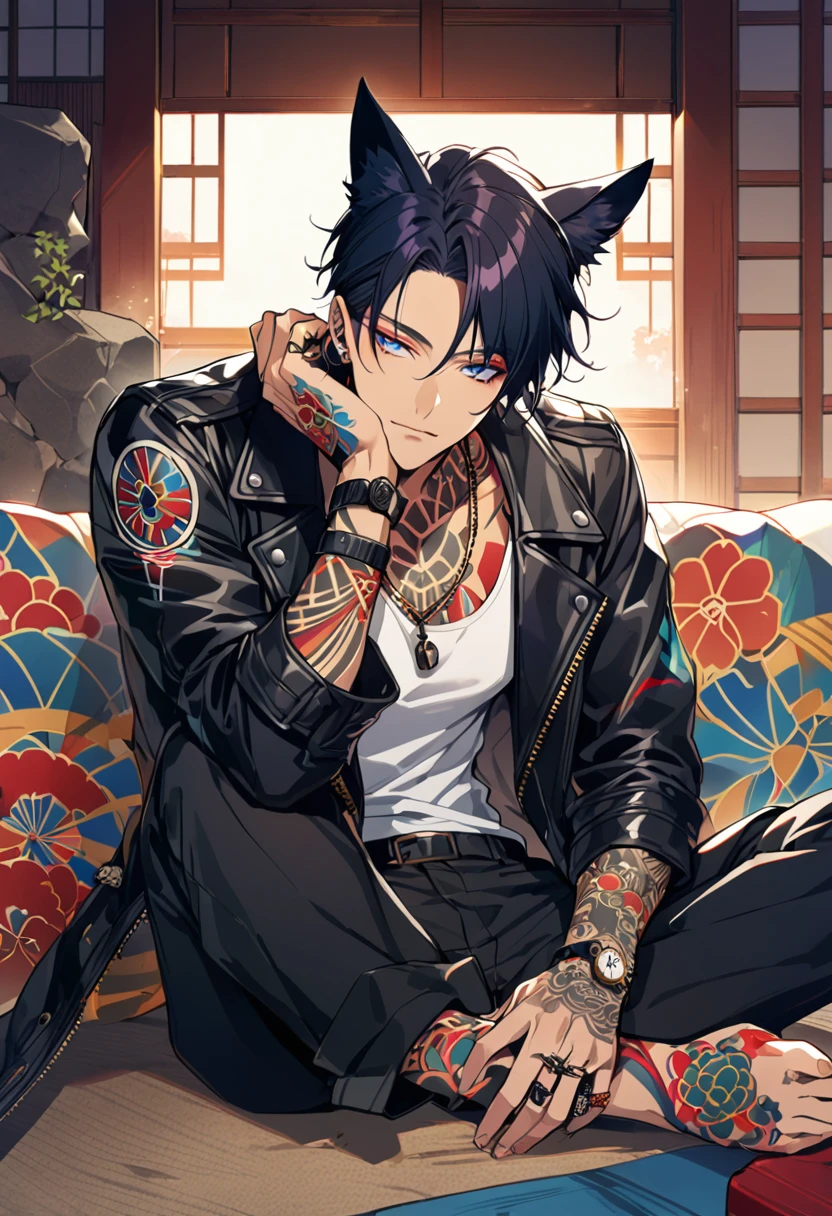 1man, short black hair, fox ears, bright blueviolet eyes, wearing a black bomber leather jacket, wearing a white undershirt, wearing black pants, wearing a vintage golden watch,wearing a ring necklace, japanese style tattoos, colorfull tattoos, tattoos all over the arms, resting head with hand
