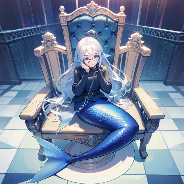 A mermaid, chains,handcuffs,wearing eye glass sweater and blue belt,long white hair,playing chess,losing, crying face,middle view,crowd,everyone looking, masterpiece,hd quality,sitting on a chair,beautiful mermaid tail
