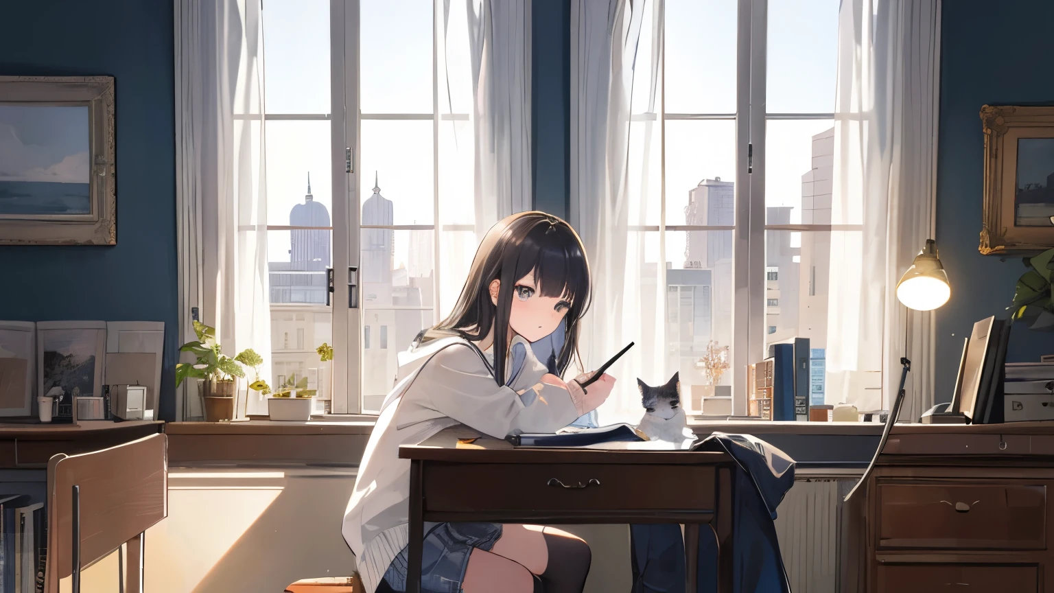 ((ultra quality)), ((work of art)), (detailded), 1 girl, in your room studying, with a cat by your side, a window in the background and shining buildings through it