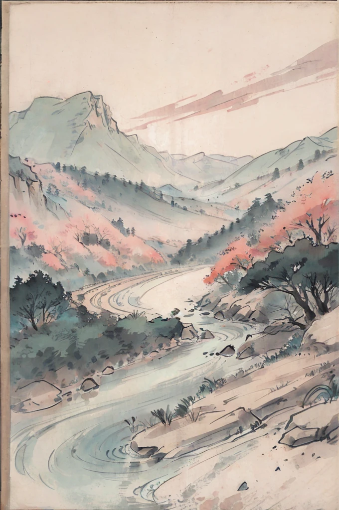 (Masterpiece, best quality: 1.2), traditional Chinese ink painting, green mountains, rivers, simple composition