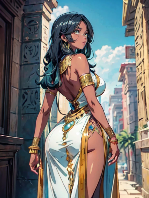 Anime Kawaii sexy Perfect Slim sensual body large breast and huge thighs, An intricate and highly detailed illustration of anime (Young girl). (THE, mksks style, detailed back ground:1.1), (standing alone:1.3), mellow, Woman, darkskin, ornate egyptian dress, long hair, Bblack hair, cute hair, hair over eye, yellow_eyeballs, voluptuous body, glad, wore, tilt your head, close up, volumetric lighting, (open air:1.3), Egyptian House, colorfully