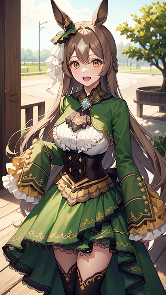 masterpiece, best quality, highres, aasato, long hair, half updo, braid, hair between eyes, animal ears, ear ornament, horse tail, breasts, frills, black ascot, green dress, (sleeves past wrists:1.2), black thighhighs, cowboy shot, standing, outdoors, smile, open mouth