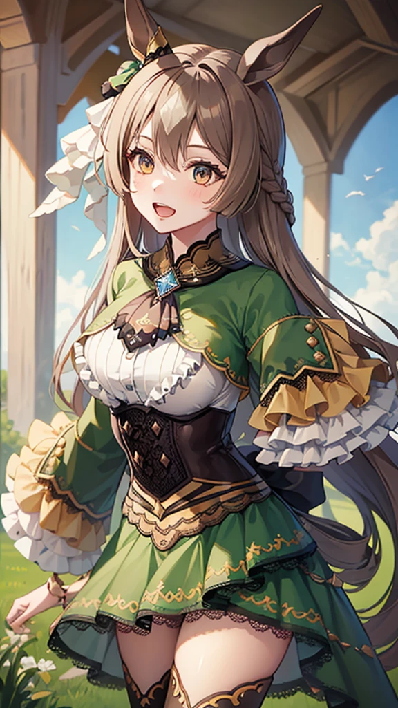 masterpiece, best quality, highres, aasato, long hair, half updo, braid, hair between eyes, animal ears, ear ornament, horse tail, breasts, frills, black ascot, green dress, (sleeves past wrists:1.2), black thighhighs, cowboy shot, standing, outdoors, smile, open mouth