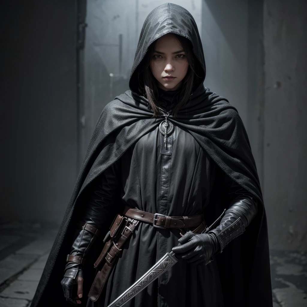 assassin costume, black and gray, with silver and leather parts, with a big, shabby black cloak over it