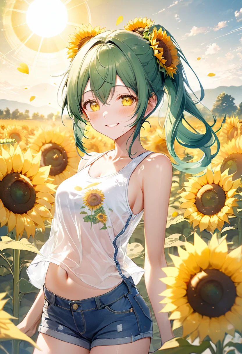 (dynamic play style), (love situation) , (solo:2 ponytail green hair long hair sexy girl, cute yellow eyes, love smile, medium tits), (in a white summer tank top with double exposure:1.2 sunflower, short Denim pants), break, in the many sunflower open field, background beautiful sun shine, BREAK, perfect anatomy, masterpiece, best quality, 16k, beautiful detailed sunflower, daydreaming expression