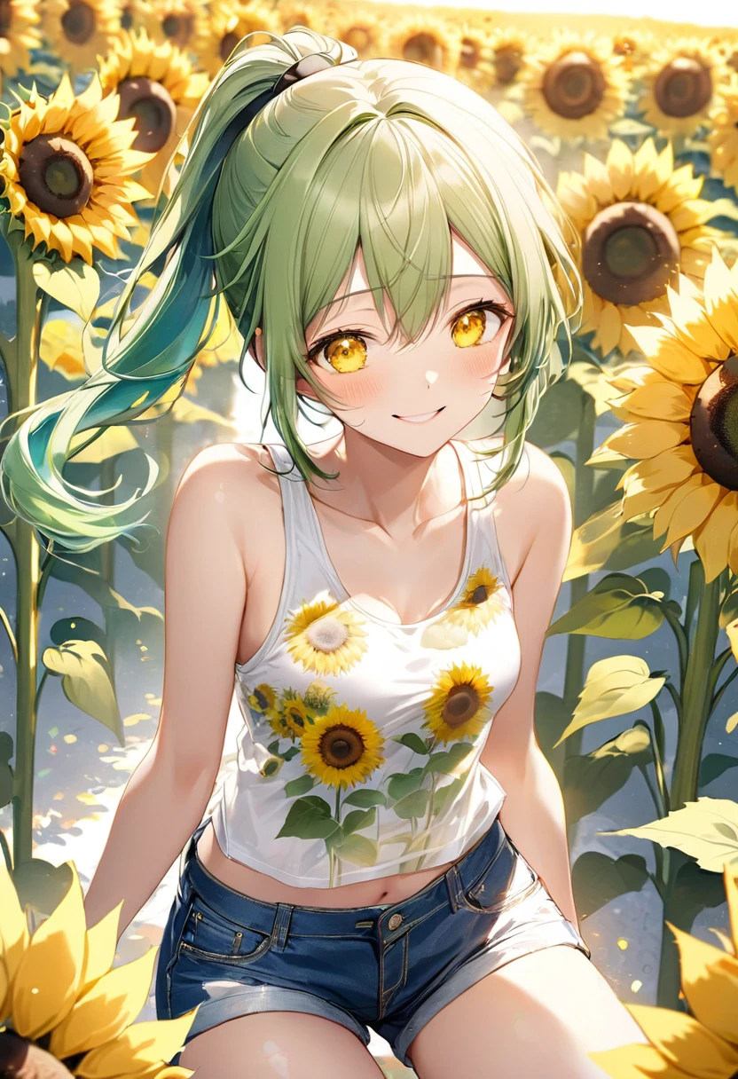 (dynamic play style), (love situation) , (solo:2 ponytail green hair long hair sexy girl, cute yellow eyes, love smile, medium tits), (in a white summer tank top with double exposure:1.2 sunflower, short Denim pants), break, in the many sunflower open field, background beautiful sun shine, BREAK, perfect anatomy, masterpiece, best quality, 16k, beautiful detailed sunflower, daydreaming expression