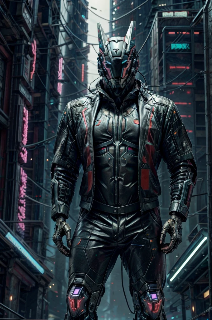 male, (muscular, full nude, only Glowing cyberpunk future helmet, business suit,) realistic,