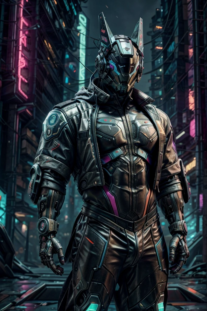 male, (muscular, full nude, only Glowing cyberpunk future helmet, business suit,) realistic,