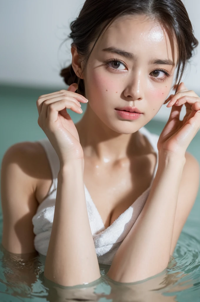 ((Highest quality, 8k, masterpiece :1.3)), One girl, Beautiful woman with slim abdominal muscles :1.3, (Random Hairstyles, Huge breasts :1.2), Wrapped in a bath towel :1.2, hot spring, Highly detailed face, Fine grain, double eyelid、Japanese women