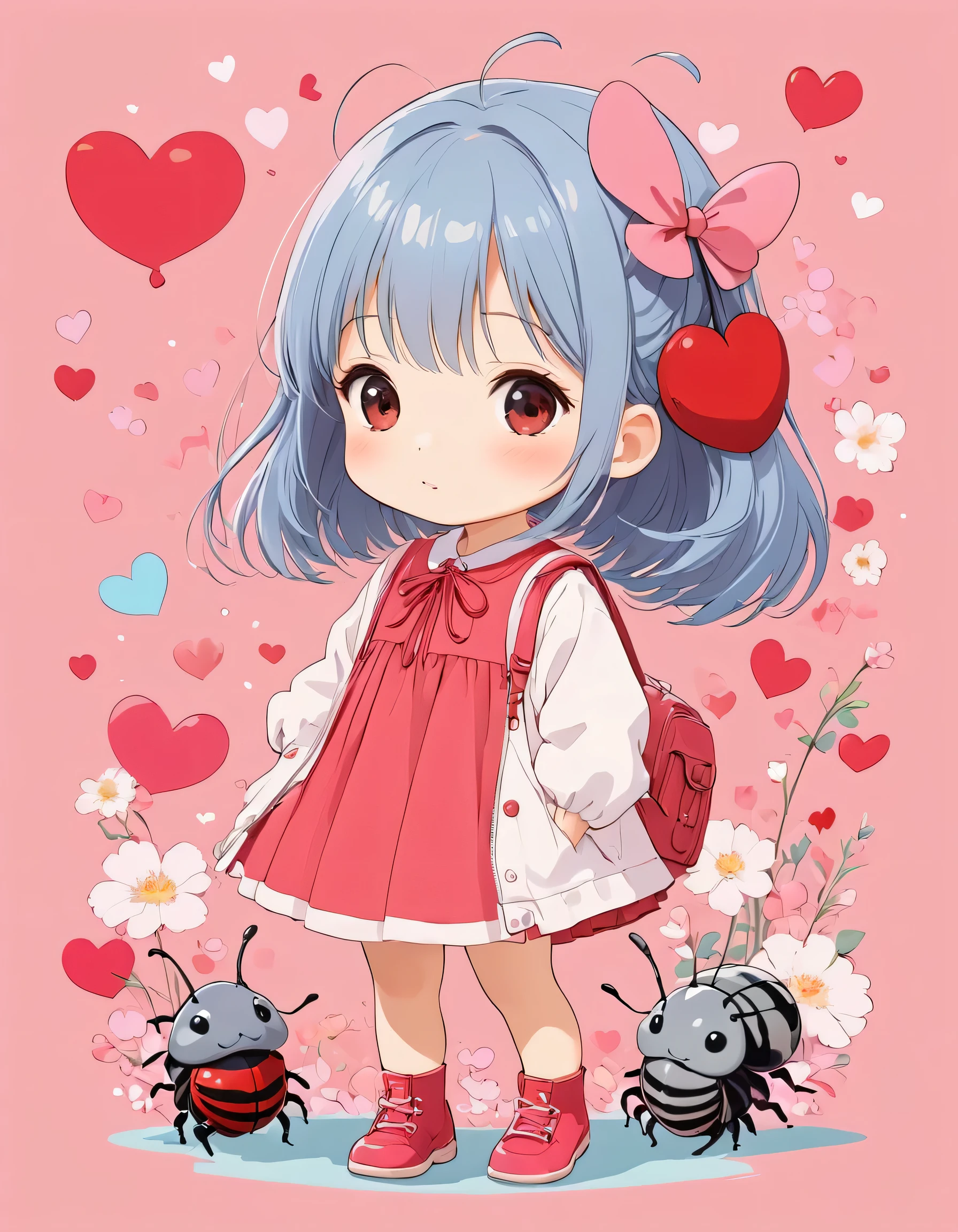 Hayao Miyazaki pink and Red style, Simple Line Initialism，Abstract art，Kawaii Design, The most beautiful girl of all time、chibi, Summer Fashionable Clothes, (((Cute pillbugs))), colorful hearts