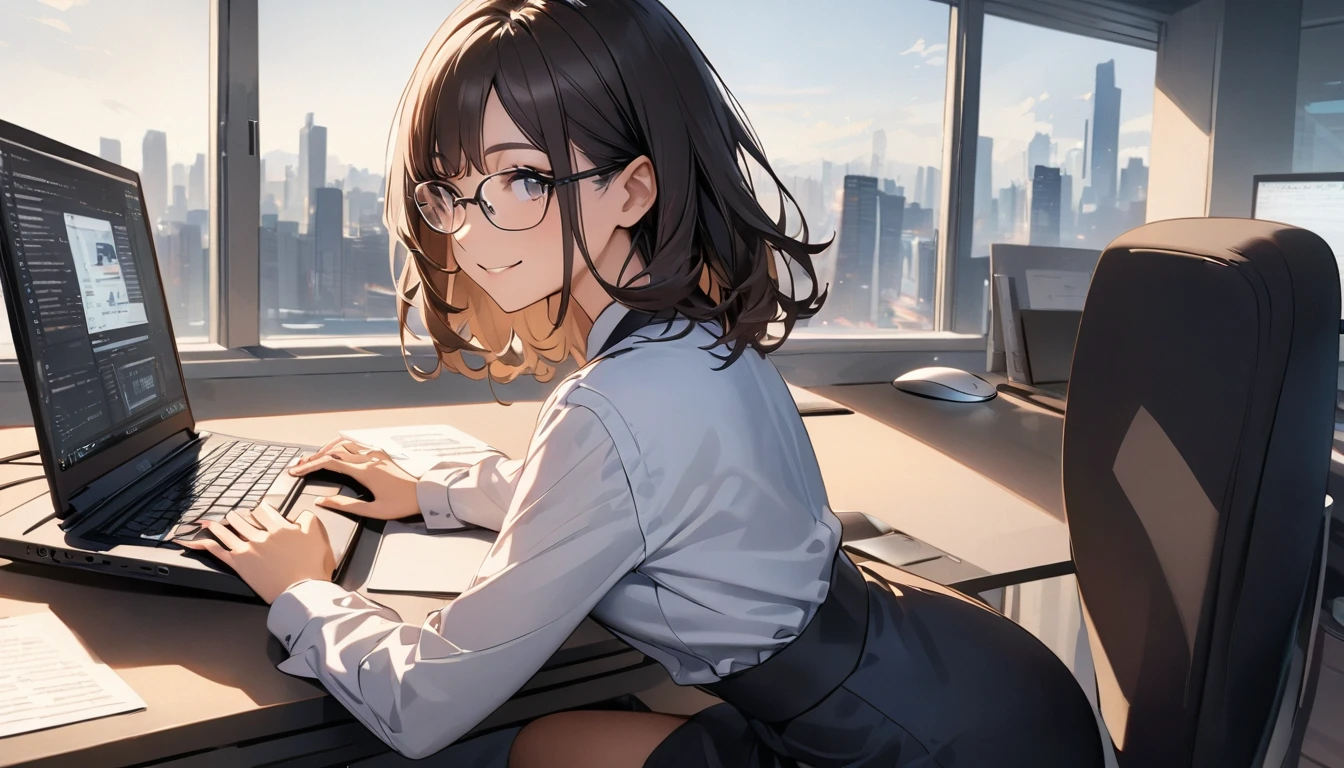 Office workers working on a computer,Portraiture,Professional,Wearing a smart suit,Stylish glasses,Typing on a sleek laptop,Use a wireless mouse,Sitting at a modern desk,Smile confidently,City skyline in the background,Soft natural light,High resolution,High resolution,Very detailed.One Woman ,alone
