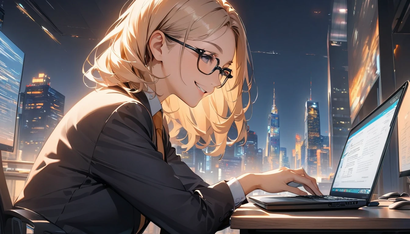 Office workers working on a computer,Portraiture,Professional,Wearing a smart suit,Stylish glasses,Typing on a sleek laptop,Use a wireless mouse,Sitting at a modern desk,Smile confidently,City skyline in the background,Soft natural light,High resolution,High resolution,Very detailed.One Woman ,alone
