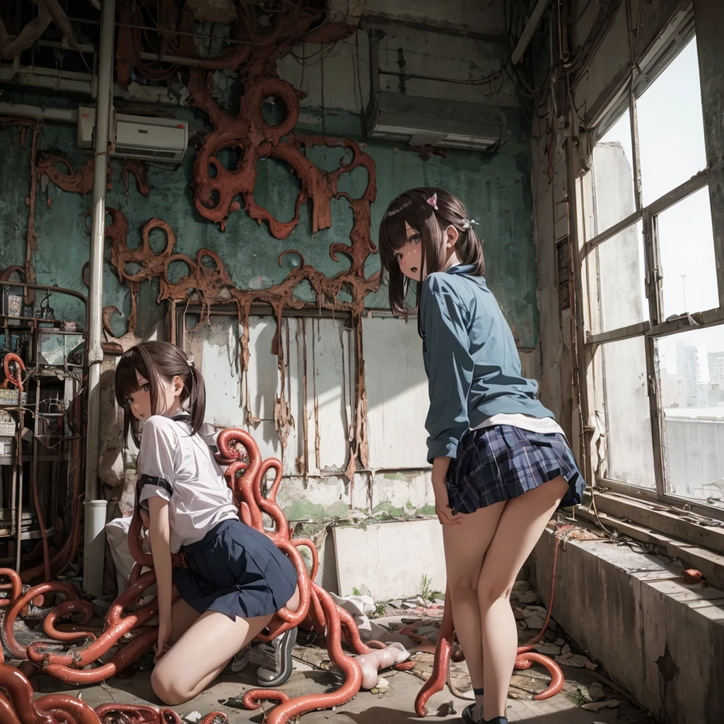 8age、Girl captured by tentacles in abandoned factory、Tentacles in a skirt、Pants fabric texture、Crying and screaming