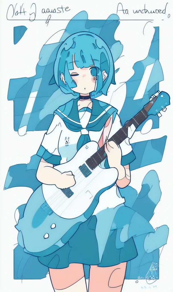 by haru, 1girl, instrument, solo, guitar, one eye closed, skirt, neckerchief, short sleeves, sailor collar, blue hair, short hair, shirt, cat, holding instrument, holding, white shirt