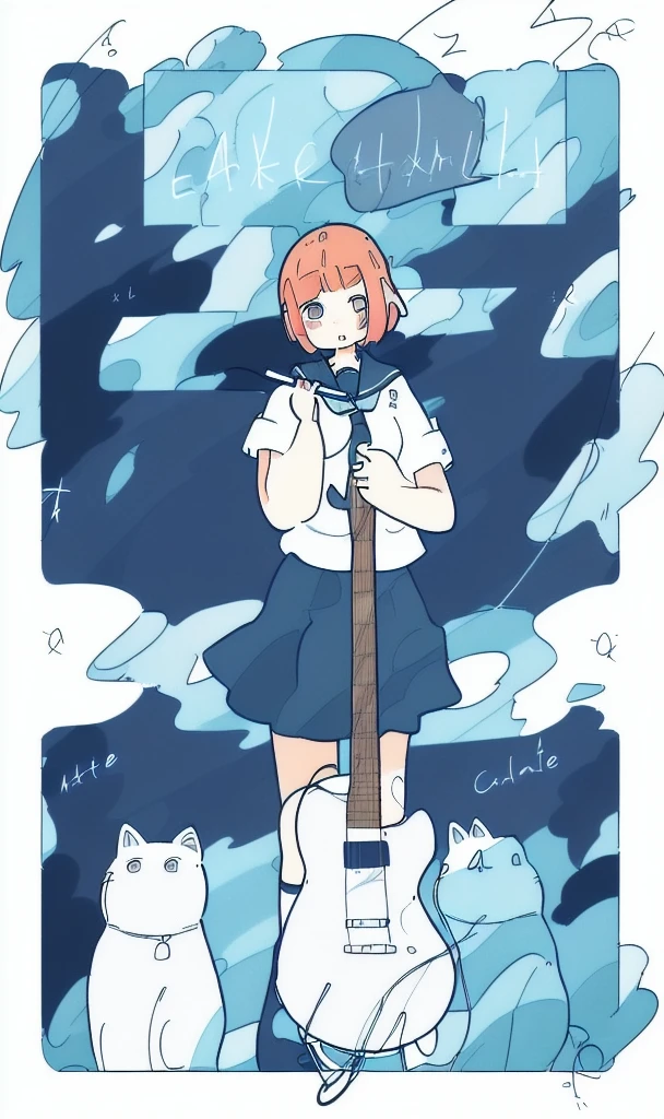 by haru, 1girl, instrument, solo, guitar, one eye closed, skirt, neckerchief, short sleeves, sailor collar, blue hair, short hair, shirt, cat, holding instrument, holding, white shirt