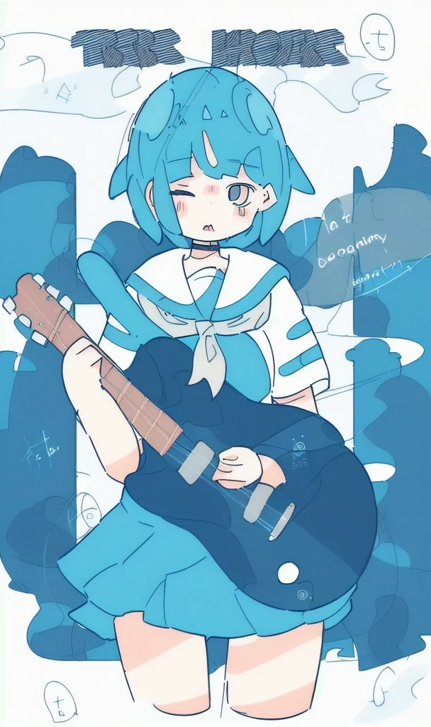 by haru, 1girl, instrument, solo, guitar, one eye closed, skirt, neckerchief, short sleeves, sailor collar, blue hair, short hair, shirt, cat, holding instrument, holding, white shirt