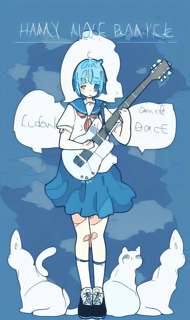 by haru, 1girl, instrument, solo, guitar, one eye closed, skirt, neckerchief, short sleeves, sailor collar, blue hair, short hair, shirt, cat, holding instrument, holding, white shirt