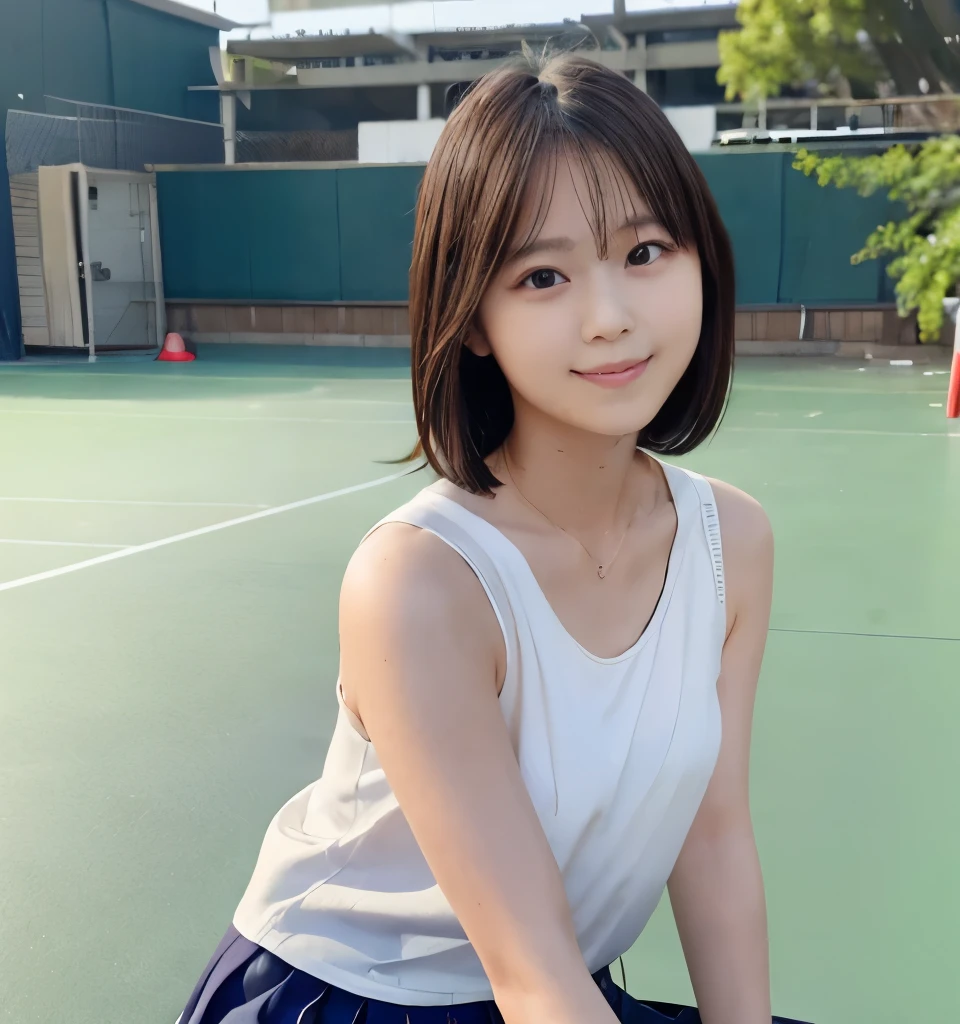 Best image quality、Highest quality、masterpiece、Ultra-high resolution、、immature、Realistic:1.4、Professional Lighting、Cute school girl、The cutest Nishino Nanase、、Very short hair、thin、Moderate size chest cup bust、Large erect nipples、smile、(Wearing a white tank top)、School gym:1.6、Sitting on the basketball court)