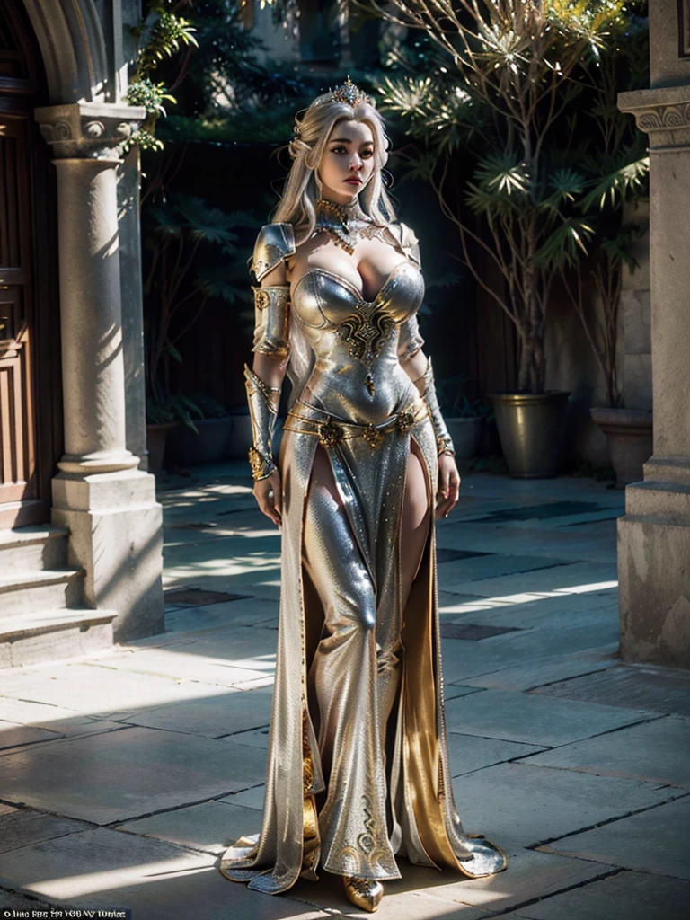 Realistic image cinematic shadows. in the courtyard. of the kingdom. There are Elven Woman Queen, With Crown, Illuminated Face, Hips, Toned, Round Breasts, Gypsy. ((silver armor spruce neckline, thick Gold ornaments)) reflecting sunlight.