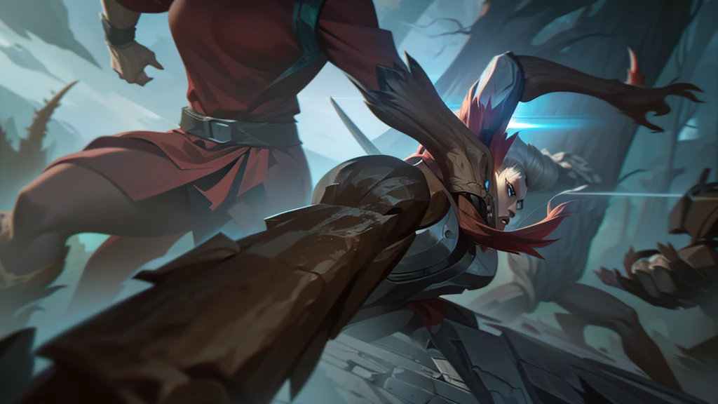 Create an image of Savages, mutant humans, hunting gigantic monsters. They must be armed with great arksteel weapons, like swords and spears. The scene must be dynamic, showing the tension and movement of combat in a natural setting, like a forest or ancient ruins.
