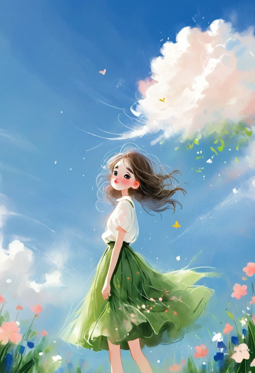 (best quality,sketch,Hand-drawn style:1.2),Rough texture,1 Girl,elegant,blush,手捧flower束,Weaving,cloud,daytime,Green skirt,flower,Sky