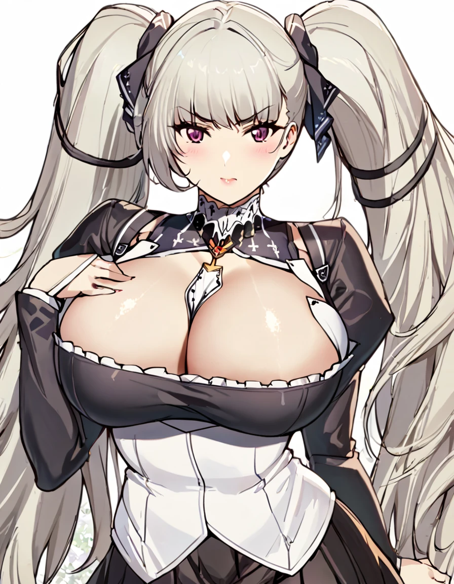 Anime, 1 girl, solo, kimtag, formidable, silver hair, formidables hairstyle, busty, firm plump body, genetics's uniform , Juliet sleeves, deep cleavage,, skirt,