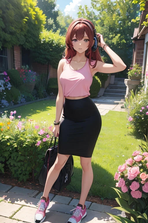 ((masterpiece, best quality, ultra-detailed)), 1girl, beautiful woman wearing pink tank top and black pencil skirt, bracelet, sneakers, wearing black headphones, full body, dark red hair, messy hair, hand on hip, summer garden