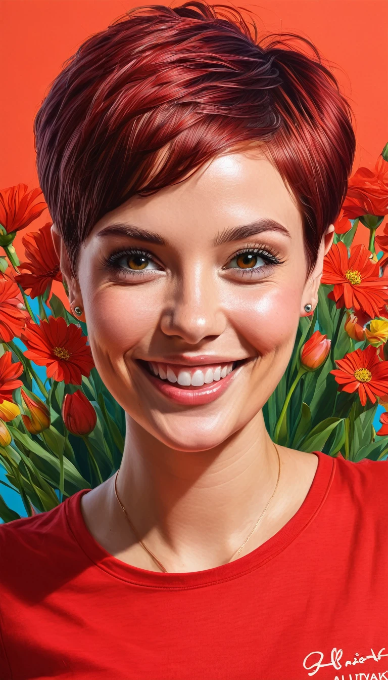 create a smiling woman with red t-shirt short hair pixie, flowers, Masterpiece, illustration style by Ali Erturk, high detail, hyperrealistic, natural light, illustration, Bright colors, bright colors