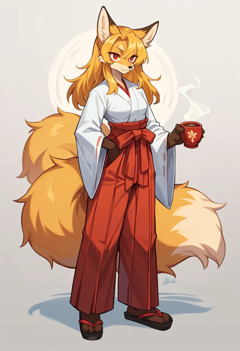 (full body,A Cup,The left hand is on the hip,The right hand is hidden),Fox woman, Furry, Golden fur, Golden facial fur, long golden hair, The hair on his hands is golden, Golden yellow hair on the back of the hand, Light-filled eyes, Red eyes, Brown elements of fur,Hakama,Sword on waist,Very fine fur, Fluffy tail,A Cup