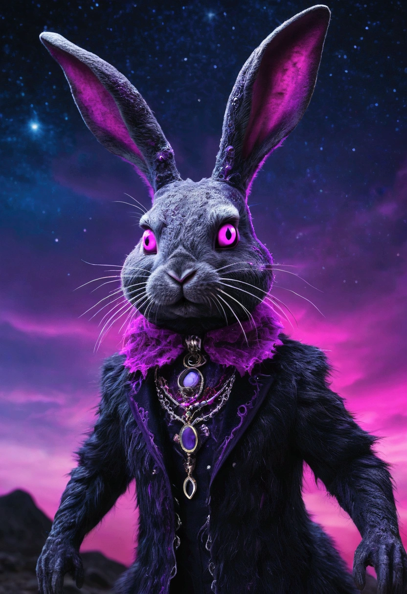 Humanoid rabbit with black and purple fur and magenta antlers, bright Eyes, night sky full of horror and Eldritch tentacles, Best Quality, masterpiece