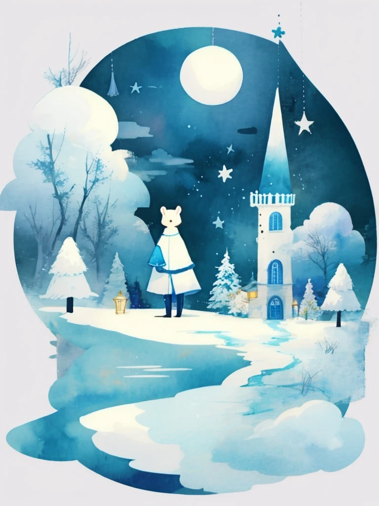 moon, tree, snow, night, full moon, scenery, painting (medium), sky, outdoors, watercolor (medium), traditional media, flower, lamppost. Hot colors. One big golden flower in the center