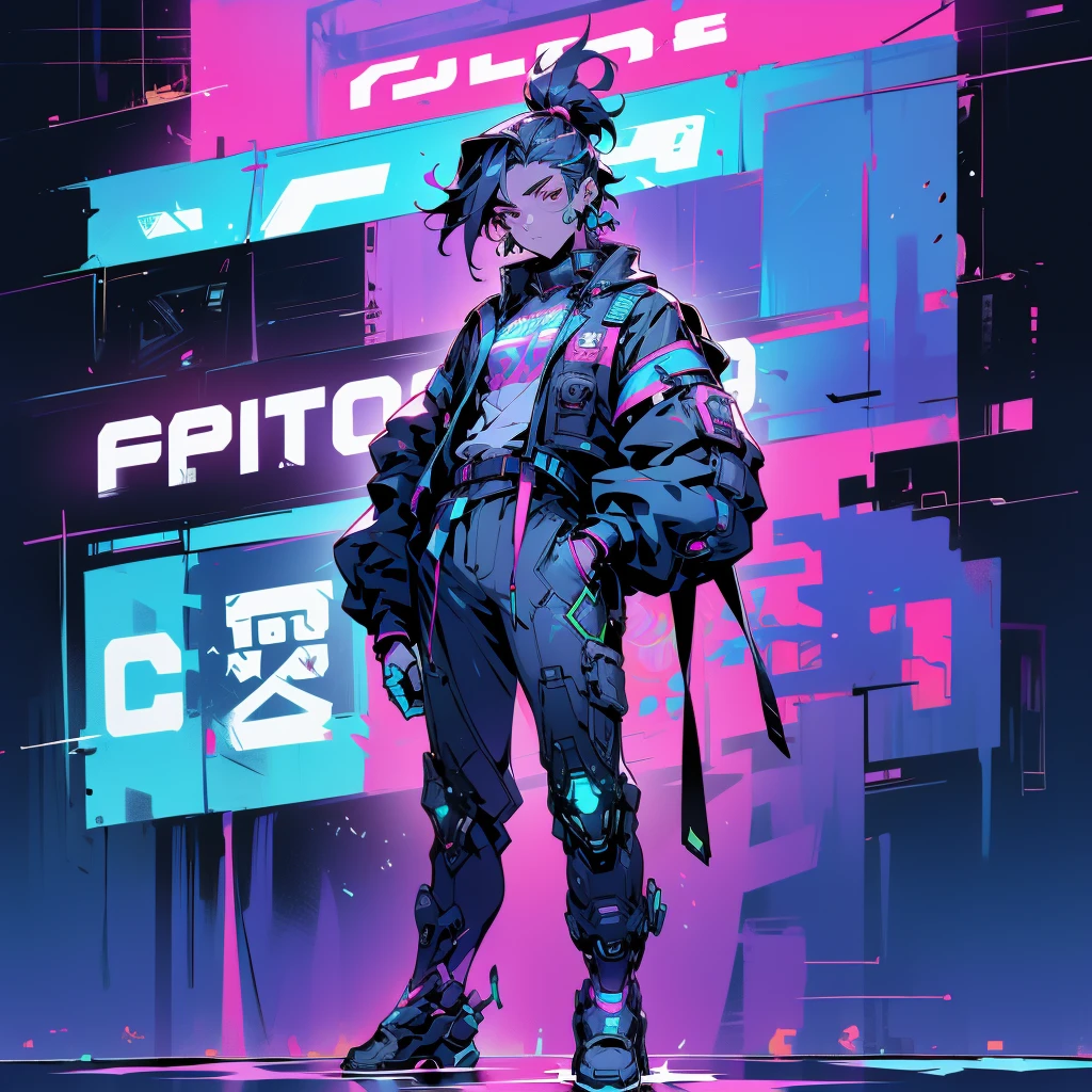Set the background as a cyberpunk-themed cityscape at night. The boy stands amidst the vibrant chaos of a bustling city, with the following elements:

	•	Skyscrapers and urban scenery filled with neon lights and electronic billboards.
	•	Bright neon signs and colorful lights flooding the city.
	•	Shadows of people walking in alleys and sidewalks, adding to the urban hustle.
	•	Drones and hologram advertisements floating in the sky, enhancing the futuristic atmosphere.

The boy’s outfit is simple and includes:

	•	A plain shirt and pants.
	•	A moon motif accessory, symbolizing his identity as the god of night.

The colorful and lively background contrasts sharply with the monochrome depiction of the boy, making this contrast stand out. The boy’s appearance is as follows:

	•	He has a baby-faced, androgynous look.
	•	His build is slender, giving a delicate impression.
	•	His expression is one of enlightenment yet resignation, suggesting a profound understanding paired with a sense of giving up.
	•	The monochrome representation of the boy contrasts vividly with the colorful background, highlighting his presence.

Based on this prompt, you will create a striking illustration that captures the solitary god of night standing amidst the vibrant hustle of a cyberpunk city, creating a visually and emotionally impactful scene.コンセプトアート、カウボーイショット、レンズフレア
