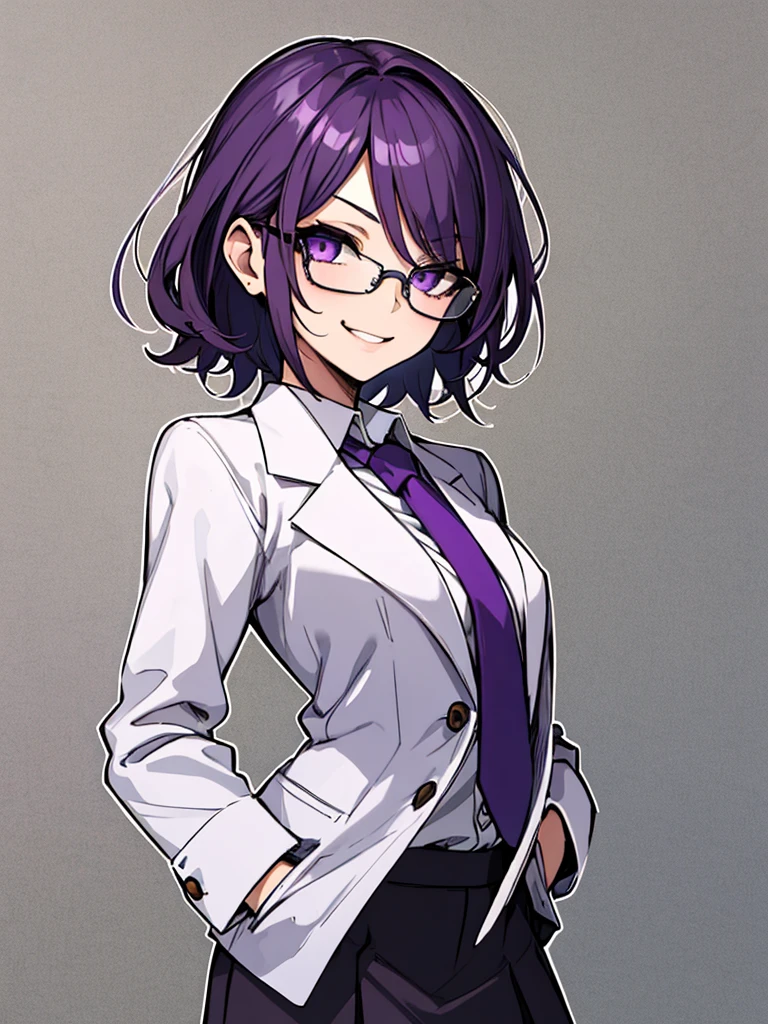 (masterpiece), best quality, expressive eyes, highres, best anatomy, cowboy shot, half body, 1girl, perfect face, perfect hands, female, short hair, messy hair, wavy hair, purple hair, side bang, purple eyes, fair skin, medium chest, slight smirk, purple glasses, purple skirt, tie, blazer, professional, button shirt, business, 1girl, solo, hands in pockets, friendly, bust outline, office background, office space,