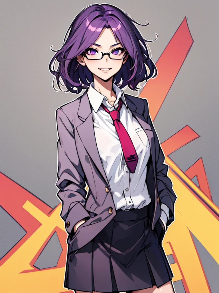 (masterpiece), best quality, expressive eyes, highres, best anatomy, cowboy shot, half body, 1girl, perfect face, perfect hands, female, short hair, messy hair, wavy hair, purple hair, side bang, purple eyes, fair skin, medium chest, slight smirk, purple glasses, purple skirt, tie, blazer, professional, button shirt, business, 1girl, solo, hands in pockets, friendly, bust outline, office background, office space,