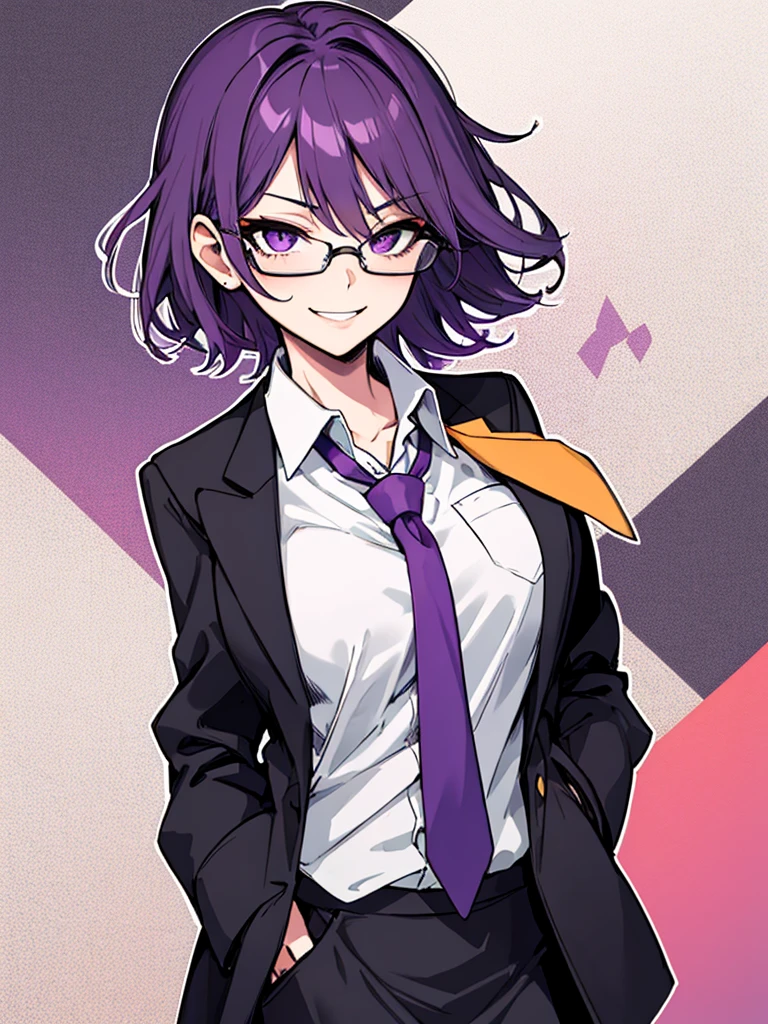 (masterpiece), best quality, expressive eyes, highres, best anatomy, cowboy shot, half body, 1girl, perfect face, perfect hands, female, short hair, messy hair, wavy hair, purple hair, side bang, purple eyes, fair skin, medium chest, slight smirk, purple glasses, purple skirt, tie, blazer, professional, button shirt, business, 1girl, solo, hands in pockets, friendly, bust outline, office background, office space, 