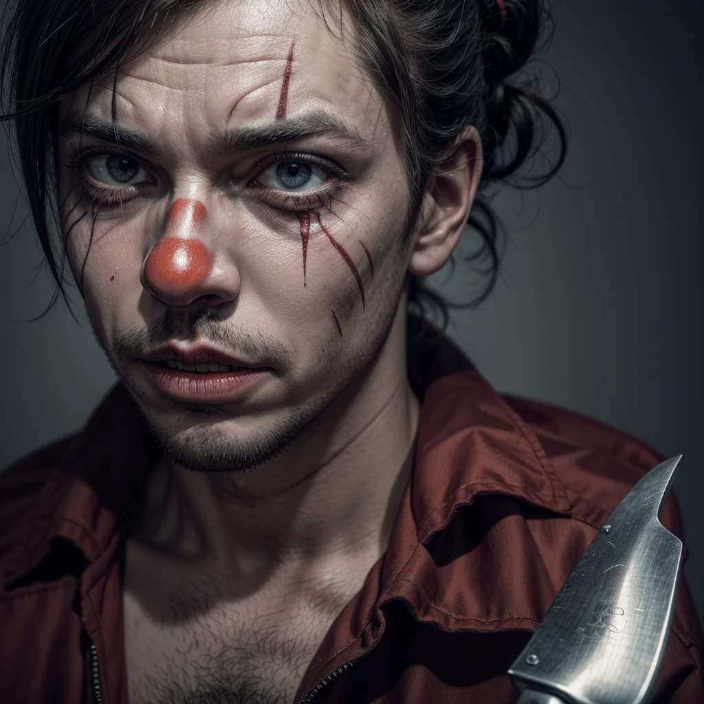 Realistic and scary man clown with knife in hand