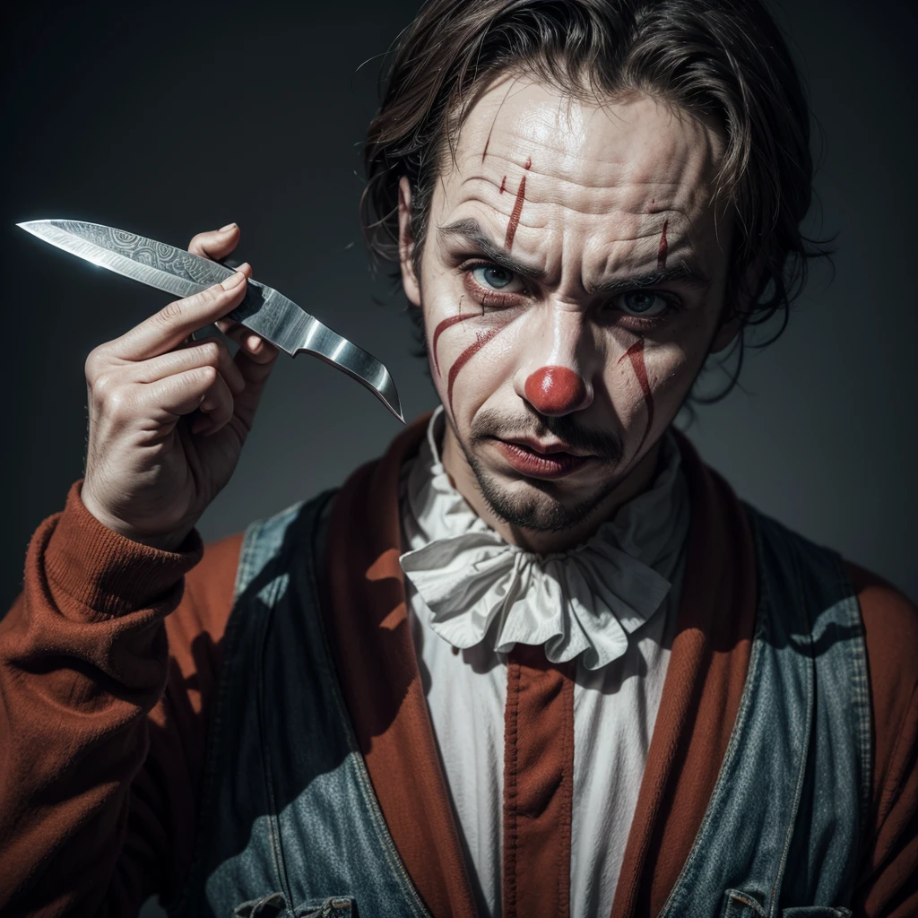 Realistic and scary man clown with knife in hand