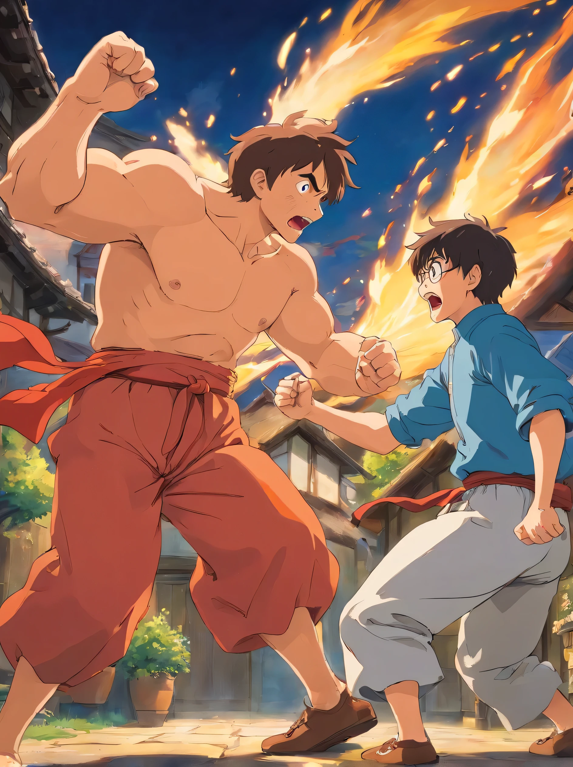 A violent, fast male punch, a fight between two men.