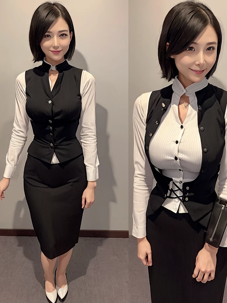 Highest quality、masterpiece、8k、Very detailed、Realistic、Looking at me with a smile、whole body、Black Hair、Small face、Slender、Big Breasts、Thin and beautiful legs、narrow and constricted waist,、Sleeveless shirt with buttons and a collar、A very long tight skirt that accentuates the shape of the buttocks、A shirt that accentuates the shape of your body、A shirt that accentuates the shape of the chest、Erect nipples、Underbust corset、All buttons on the shirt are closed