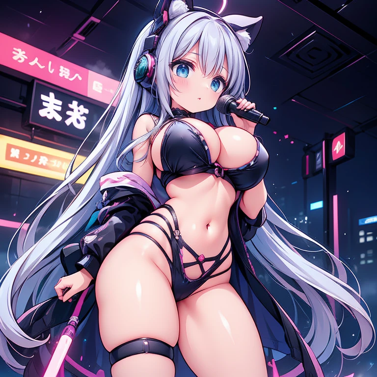 High image, Super Detail, High resolution, Anime, Manga, Illustration, Cat costume, claw pose, PAW Pose, Covered with white cat hair, Intelligent beauty, Amorous expression, Mysterious, Embarrassed look, Empty medium short whitehair, sharp slit eyes, Huge breasts, under the boobs, great proportion, perfectly proportions, slender, Full body, squat with your legs wide open, Northern Renaissance style in the background, Fantasy, Galaxy, Magic Circle, Kaleidoscope, rainbow and gold neon light many lines, Cyberpunk