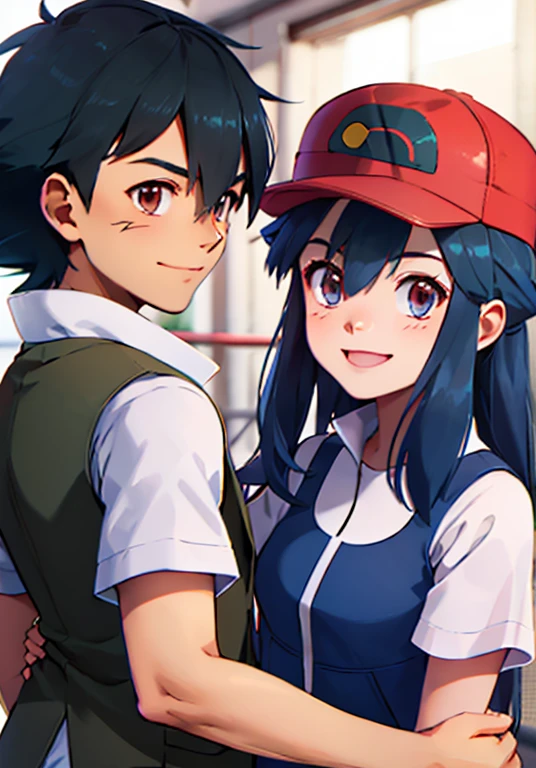 good quality,duo, 1 girl (dawn, long blue hair,blue eyes,cap) 1 man (ash Ketchum, black hair,Brown eyes), couple,smiling