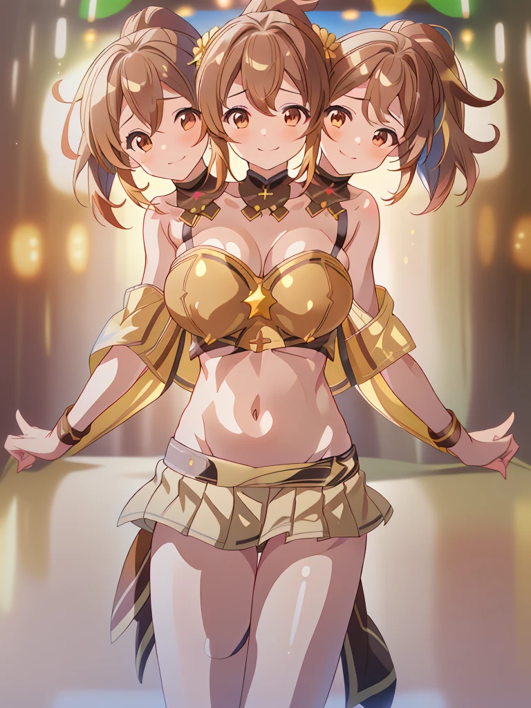 (masterpiece, best quality), best resolution, (3heads:1.5), 1girl, 16k resolution, highres, ultra quality, ultra resolution, ultra detail, FEDelthea, brown hair, ponytail, smiling, soft smile, open belly, gold-brown-white crop top, gold-brown miniskirt, swimsuit attire, open breasts, very huge tits, sexy pose, adult woman, 
